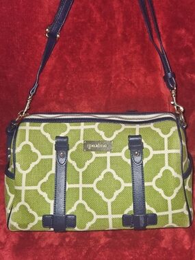 Spartina 449 Green & Cream Patterned Satchel/Crossbody Bag w/Navy Leather Trim